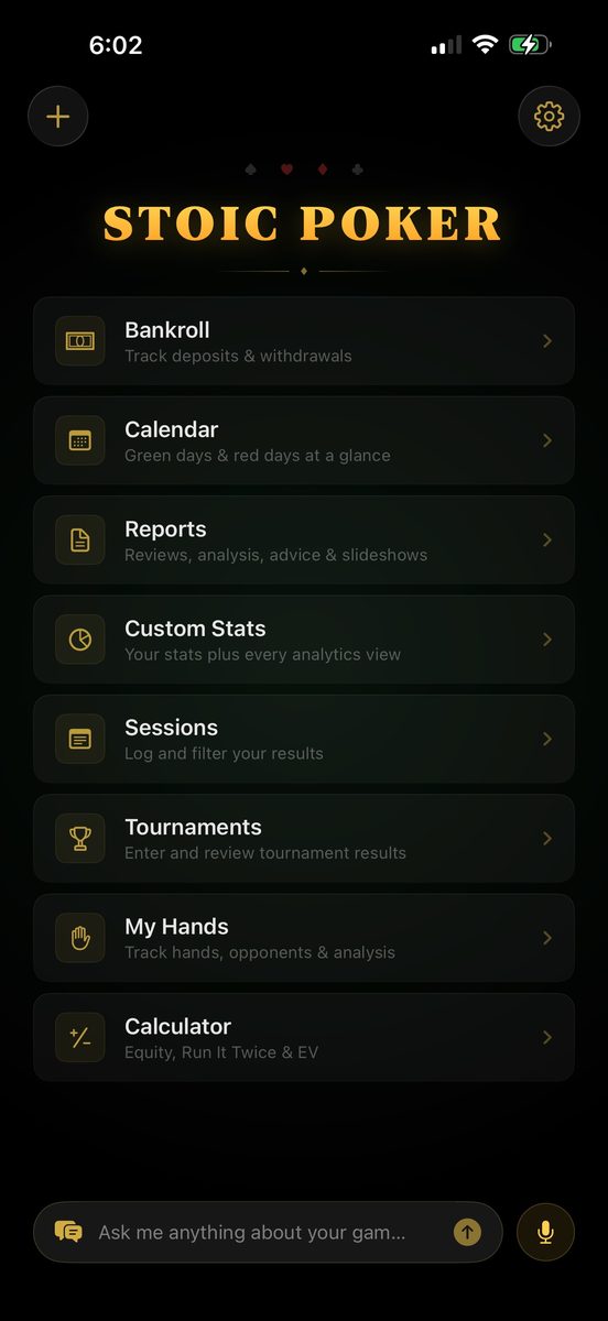Stoic Poker home screen: Bankroll, Calendar, Reports, Custom Stats, Sessions, Tournaments, My Hands, and Calculator