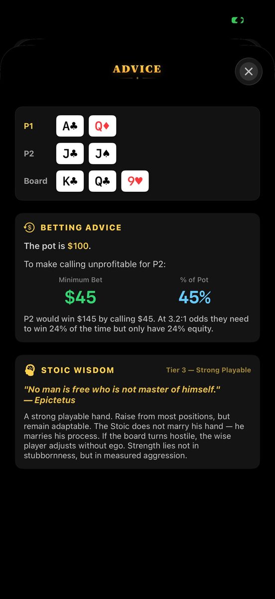 Advice screen: betting advice computing the minimum bet to deny odds, plus Stoic wisdom for the hand