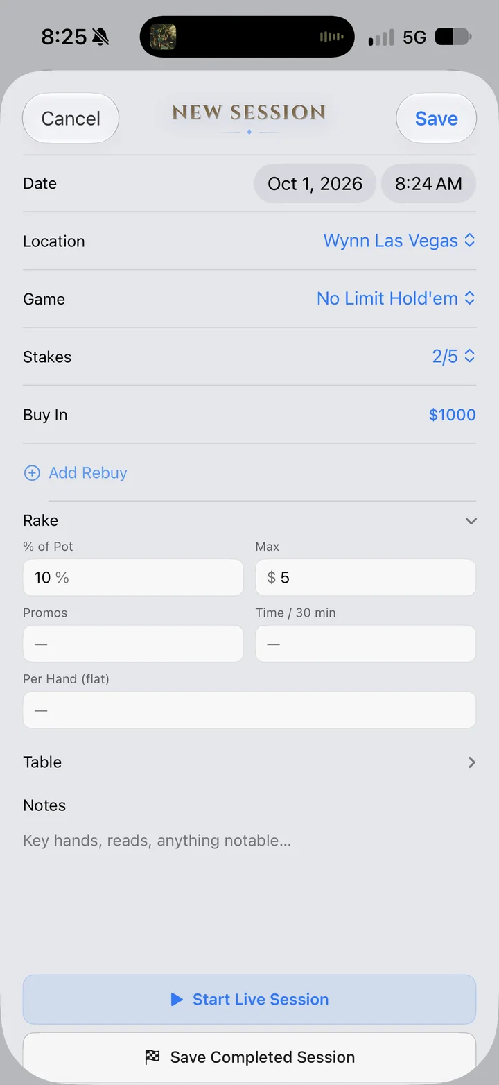 New Session form: October 1, 2026 at 8:24 AM, Wynn Las Vegas, No Limit Hold'em 2/5, buy-in, rake settings, and a Start Live Session button