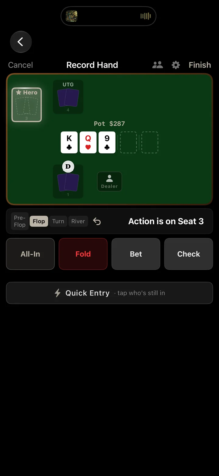 Record Hand: a poker table with a king, queen, nine flop, pot $287, action on seat 3, and buttons for All-In, Fold, Bet, and Check